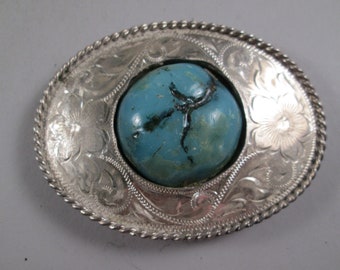 Ultra Rare NUDIE'S Sterling Belt Buckle.  Huge Cabochon Turquoise Colored Stone.  Engraved Oval.  Bought From Nudie Cohn Himself in 70s