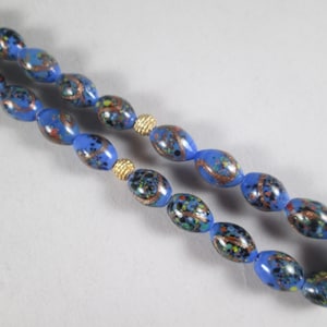 1920s VENETIAN Bead Necklace.  Beautiful Blue Murano Beads with Metallic Copper and Swirls of Colors in Oval Shape.  25&quot;.  Estate Jewelry