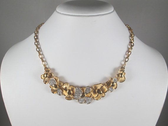 MONET Deadstock Gold Necklace. Floral Panel with Pav… - Gem