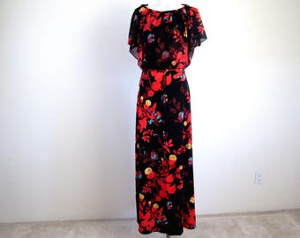 1970s Floral Maxi w/ Sheer Overlay Bodice.  Beautiful Oversized Floral Poly, Tie Shoulders.  Elegant Vintage Vibe.  Bust 36" Small