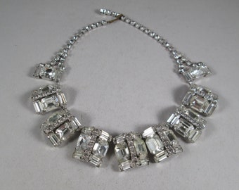 WEISS Huge Rhinestone Link Necklace.  Unsigned, Dramatic Statement.  Clear Emerald Cut Stones in Pitched Tent Links. Spectacular and Rare.