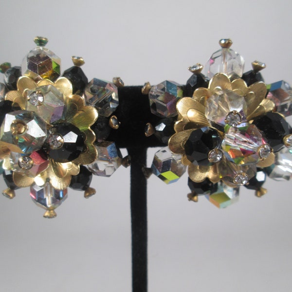 LAGUNA 1.5" Starburst Earrings. Vintage 1950s, With AB and Black Beads, Gold Floral Findings.  Dramatic, Sparkling, Estate Jewelry Find