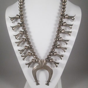 Rare Early Navajo SQUASH BLOSSOM Necklace.  Heavy Sterling Silver, 238.7 Grams.  Sand Cast Naja.  1920s - 1930s.  Old Estate Piece. #K061