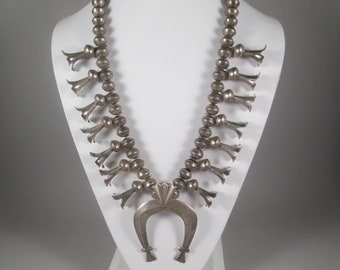 Rare Early Navajo SQUASH BLOSSOM Necklace.  Heavy Sterling Silver, 238.7 Grams.  Sand Cast Naja.  1920s - 1930s.  Old Estate Piece. #K061