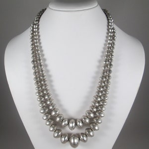Vintage NAVAJO Sterling Pearls Necklace.  Signed Yazzie. Double Strands of 22&quot;-24&quot;.  Graduated Beads, Stamp Work.  115.7 Grams #K062