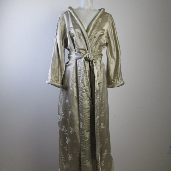 1950s COAT.  Modern Evening or Actual Vintage Lounge Wear Robe in Champagne Silky Jacquard, Rolled Hem, Wide Tie Belt.  Runway Statement