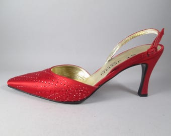 Sublime ST. JOHN Slingback Shoes.  Never Worn.  Deadstock.  Glorious Red Satin w/ Tiny Crystal Jewel Accents. Gold Leather Insoles. Size 7 B
