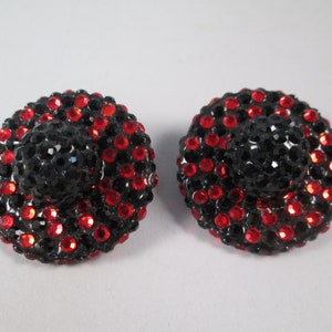 RICHARD KERR Style Red Black Crystal Clip On Earrings.  Statement Making Discs with Rising Domes, Bold Runway Chic.  1980s DesignerEarrings