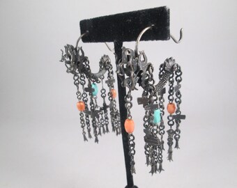 Rare QING DYNASTY Dragon Fringe Earrings.  Turquoise & Coral Beads, Chain Fringe.  True Chinese Antique.  Exceptional Estate Find.  #K016