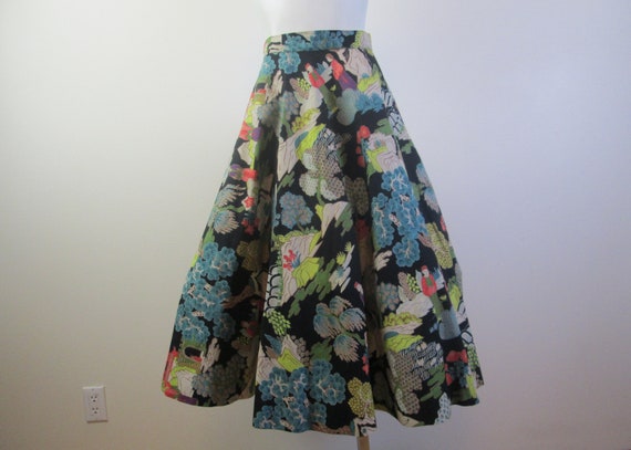 Amazing 1950s Asian Novelty Skirt. Bold Barkcloth… - image 1