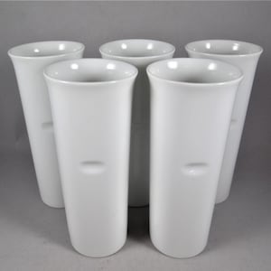 LAGARDO TACKETT Tack NKT For Schmid Thumbprint Tumblers. 6&quot; Tall Cups in White Porcelain, 1960s Mid Century Modernist Must-Haves. Set of 5.
