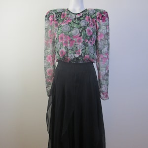 DIANE FREIS 1980s Dress.  Layers of Silk Chiffon, Handkerchief skirt, Beaded Floral Bodice, Signature Tie Back, Elastic Waist. Size Medium