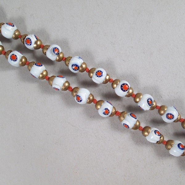 Vintage MURANO Millefiori Necklace.  Beautiful Beads in Rare Colorway with Knotting and Brass Caps.  Simple & Sublime.