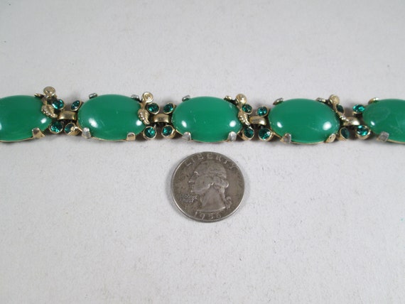 Bracelet Vintage Cabochons Verre Vert Et Strass Rouge - Occasion, Manque Quelques Strass