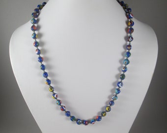 Vintage MURANO Venetian Bead Necklace.  Brilliant Cobalt Blue Ground, Old Barrel Clasp.  1950s Moretti, 25" Length 10 Centimeter Beads