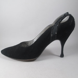 1950s STILETTO PUMPS Shoes. Size 8. Saks 5th Avenue.  Black Suede, Cut-Outs, Crystal Embellishments.  Totally Gorgeous Vintage Chic!