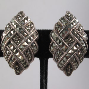 JUDITH JACK Marcasite Sterling Earrings.  1980s Art Deco Revival.  Geometric Domes, Braided Bands of Faceted Stones. Estate Find!