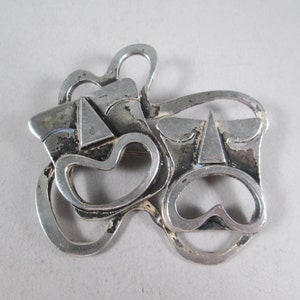 REBAJES Sterling Silver Brooch.  Modernist Comedy Tragedy Image.  Heavy Casting, Hand Made.  Signed.  Mid Century Classic.  30.5 Grams R389