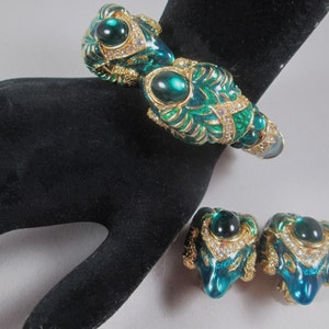 The Best GEM CRAFT Rams Head Bracelet & Earrings.  Superb Enamel, Cabochons, Rhinestones, ByPass Clamper Style.  Vintage 1980s Chic