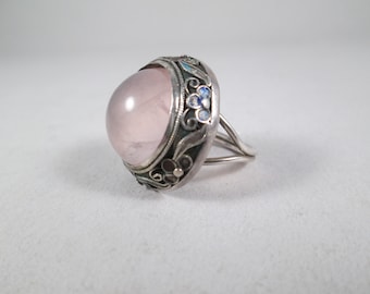 1920s CHINESE EXPORT Ring.  Sterling Silver Setting.  Huge Rose Quartz Cabochon.  Size 5.5.  Statement Antique.  Estate Jewelry #K003