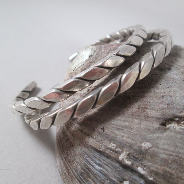 Vintage HMONG or Mien Laos Hill Tribe Heavy Double Cuff STERLING Bracelets.  Handwrought.  56.8 Grams.  Tribal Jewelry Find!