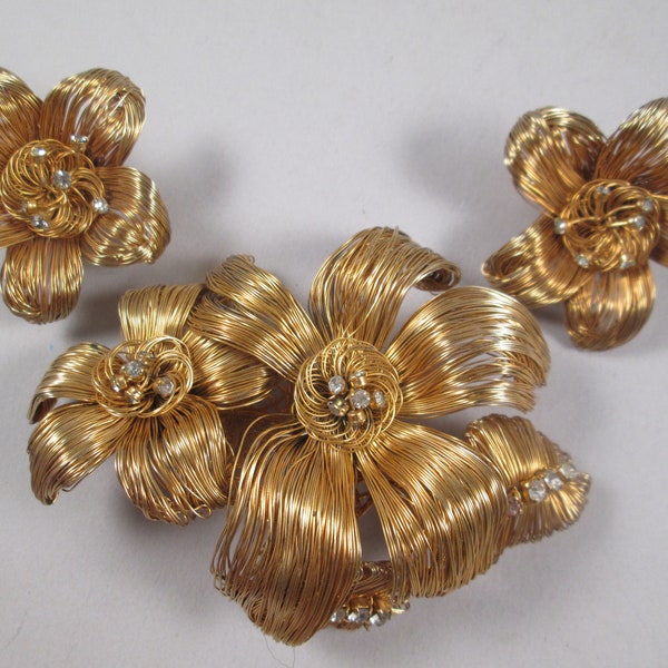 1980s Gold Spun Wire Huge Floral Brooch Earrings Set.  Rhinestone Stamens.  Completely Handmade.  Vintage Couture Designer Jewelry.