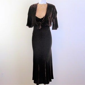 1930s Silk Velvet Dress & Jacket.  Lace Bodice, Bias Cut, Gorgeous Merlot Color.  Sze Small.  Art Deco Classic!
