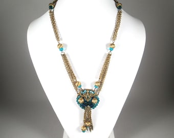 Vintage 1960s Austrian Pendant Necklace.  Tassel Drops, Peacock Glass Beads, Gold Chains.  Huge Statement Piece.  Estate Jewelry Find!