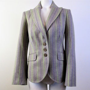 Sublime ETRO Striped Jacket Blazer.  Y2K Chic, Wide Sculpture Lapels, Chartreuse Accents, Back Vent.  Size 42, US 6.  Modern Designer.