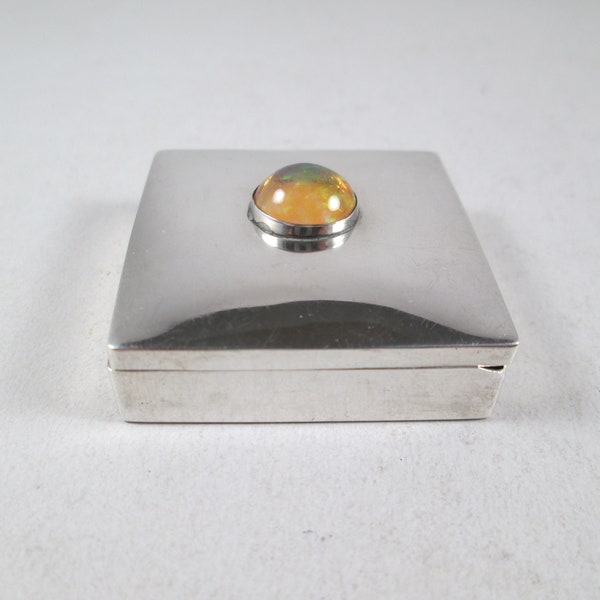 FRED DAVIS Sterling Silver Pill Box.  Signed with Mexican Opal Cabochon.  Rare, Early Modernist Icon.  Collector's Piece.