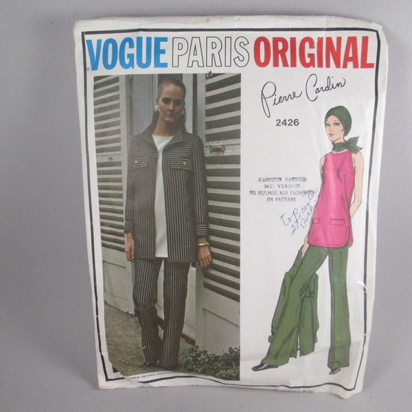1970's Vogue Paris Original High Waisted Slim Dress Pattern with Loop detail - Pierre Cardin - Bust 34