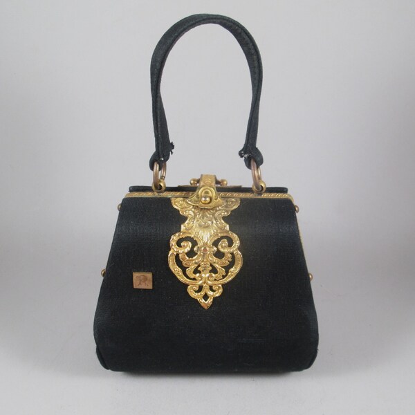 ROBERTA Di CAMERINO Mini Handbag.  Rare and Early 1950s Vintage.  Classic Black with Gold Italianate Filigree Hardware.  Estate Find!