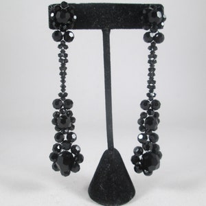 VICTORIAN REVIVAL Long Drop Earrings.  Faceted Black Glass Beads in Floral Motif.  Elegant, Retro Chic.  Vintage Estate Jewelry Find. #LV010