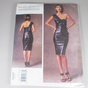 Uncut Vogue DONNA KARAN #v1427.  Misses Dress with Wrap Detailing, One Shoulder.  Sizes 14, 16, 18, 20, 22.  Advanced.