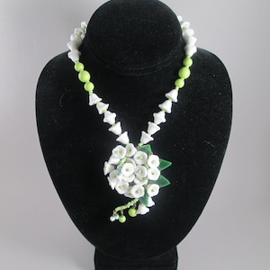 MIRIAM HASKELL Signed Necklace. Milk Glass Flowers, Green Leaves, Large Pendant, Delicate & Lovely. Collector's Piece!  Estate Jewelry