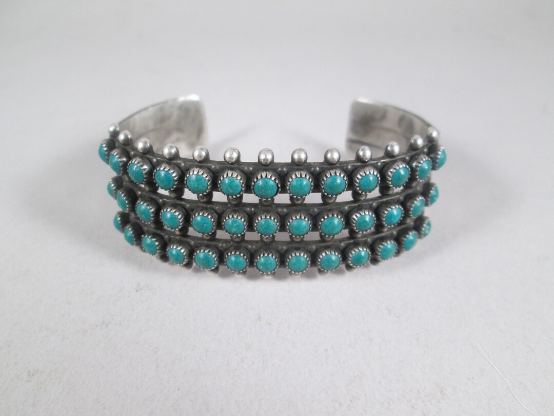 Old ZUNI Sterling Silver Snake Eyes Cuff Bracelet. Three Rows of Petit Point Turquoise Beads