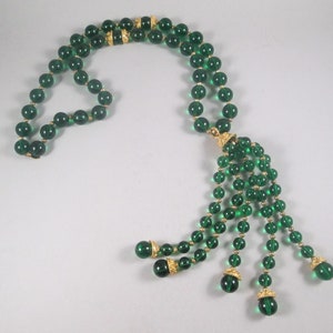 1960s KENNETH JAY LANE Tassel Necklace.  Green Beads, Etruscan Bead Caps, 6.5&quot; Tassel.  Early K.J.L. Mark.  Truly Rare Estate Jewelry Find