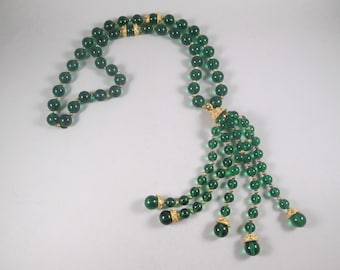 1960s KENNETH JAY LANE Tassel Necklace.  Green Beads, Etruscan Bead Caps, 6.5&quot; Tassel.  Early K.J.L. Mark.  Truly Rare Estate Jewelry Find
