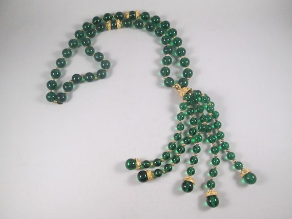 1960s KENNETH JAY LANE Tassel Necklace.  Green Beads, Etruscan Bead Caps, 6.5" Tassel.  Early K.J.L. Mark.  Truly Rare Estate Jewelry Find