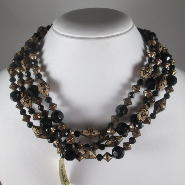 Superb MIMI DI N Necklace.  Victorian Revival, Black & Gold Prism Beads.  Old Dead Stock, With Original Tags.  Divine!  Estate Jewelry Find