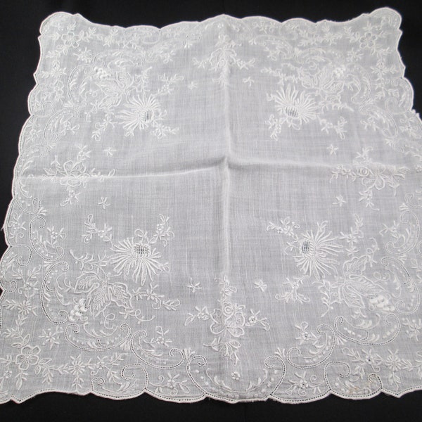 APPENZELL WEDDING White Work Hankie Hanky.  Vintage Hand Embroidered.  Gorgeous Eggshell White Color, Scalloped Edges.  Estate Find #6