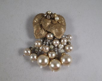 MIRIAM HASKELL Early Pearl Dress Clip.  Unsigned.  Dramatic Beaded Pearl Dangles, Textured Gold Leaves.  Estate Jewelry Find.