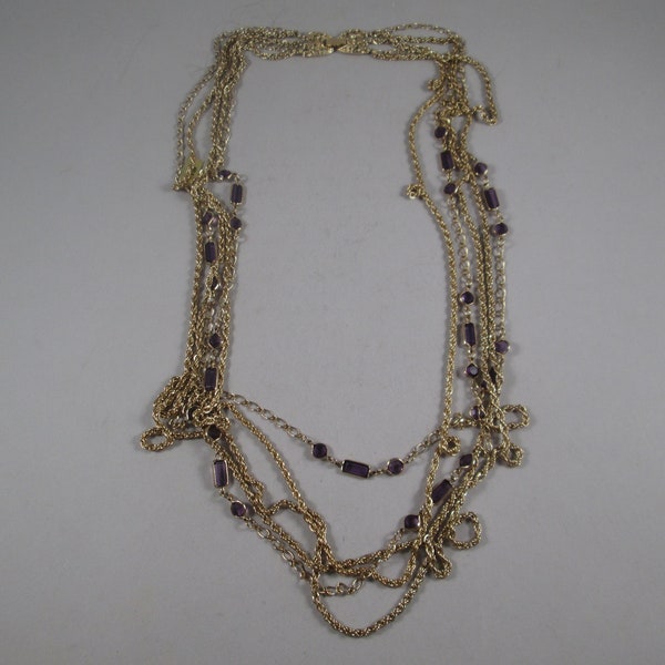 GOLDETTE Gold Plated Necklace.  5 Strands, Amethyst Crystals, Layered Length.  New Old Stock, Original Tag.  Estate Jewelry Find