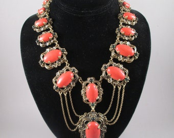 ANN TAYLOR Massive Festoon Necklace. Vintage 1980s Statement Runway Chic.  Coral and Brass/Bronze Settings.  Victorian Style. Estate Jewelry