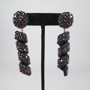 Glam 1980s Rhinestone Earrings.  Richard Kerr Era.  Sparkling Spiral Drops in Black & Amethyst. Lightweight, Statement.  Long 3&quot; Length.
