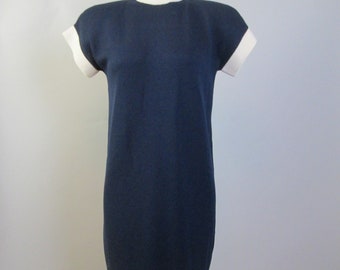 ST. JOHN Navy Blue Santana Knit Short Dress.  Vintage 1980s 1990s, Classic Shift Silhouette, Mock Turtleneck. Size Small Bust 34"