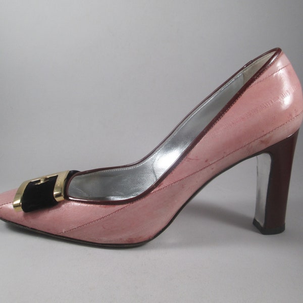 DOLCE & GABBANA Eel Skin Pumps Shoes.  Glorious Pale Pink with Velvet Buckles, Silver Lining, 3.5" Patent Heel.  Vintage 1990s 38.5, US 8