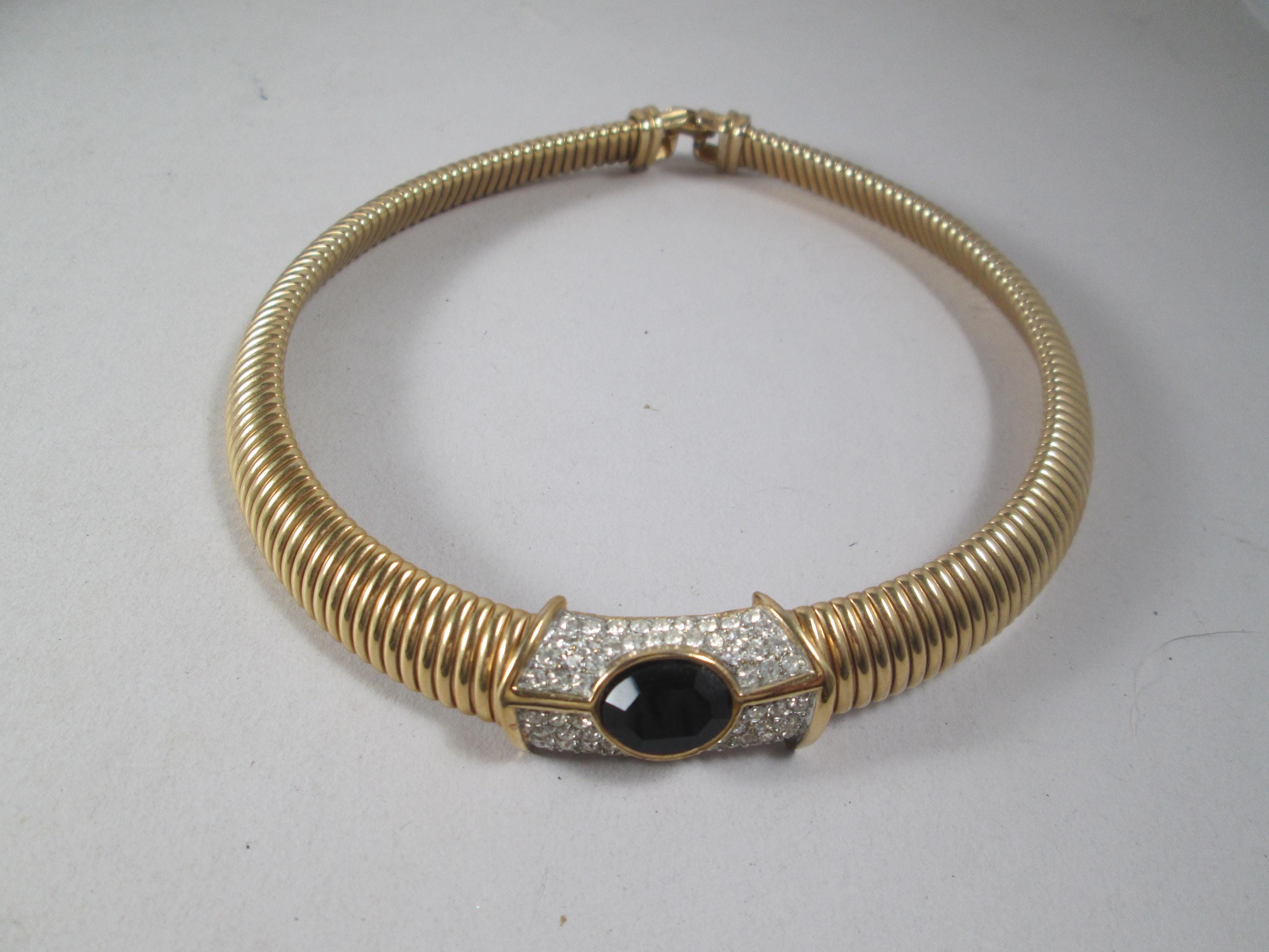 1980s Glam GAS PIPE Gold Choker Necklace.  Glorious Rhinestone Center Medallion.  Event Ready.  Monet & Napier Style.  Estate Jewelry Find!
