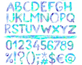 Alphabet PNG Digital Letters, number Watercolour turquoise blue font hand painted abcs, stationery, card making, wedding invitation, indigo