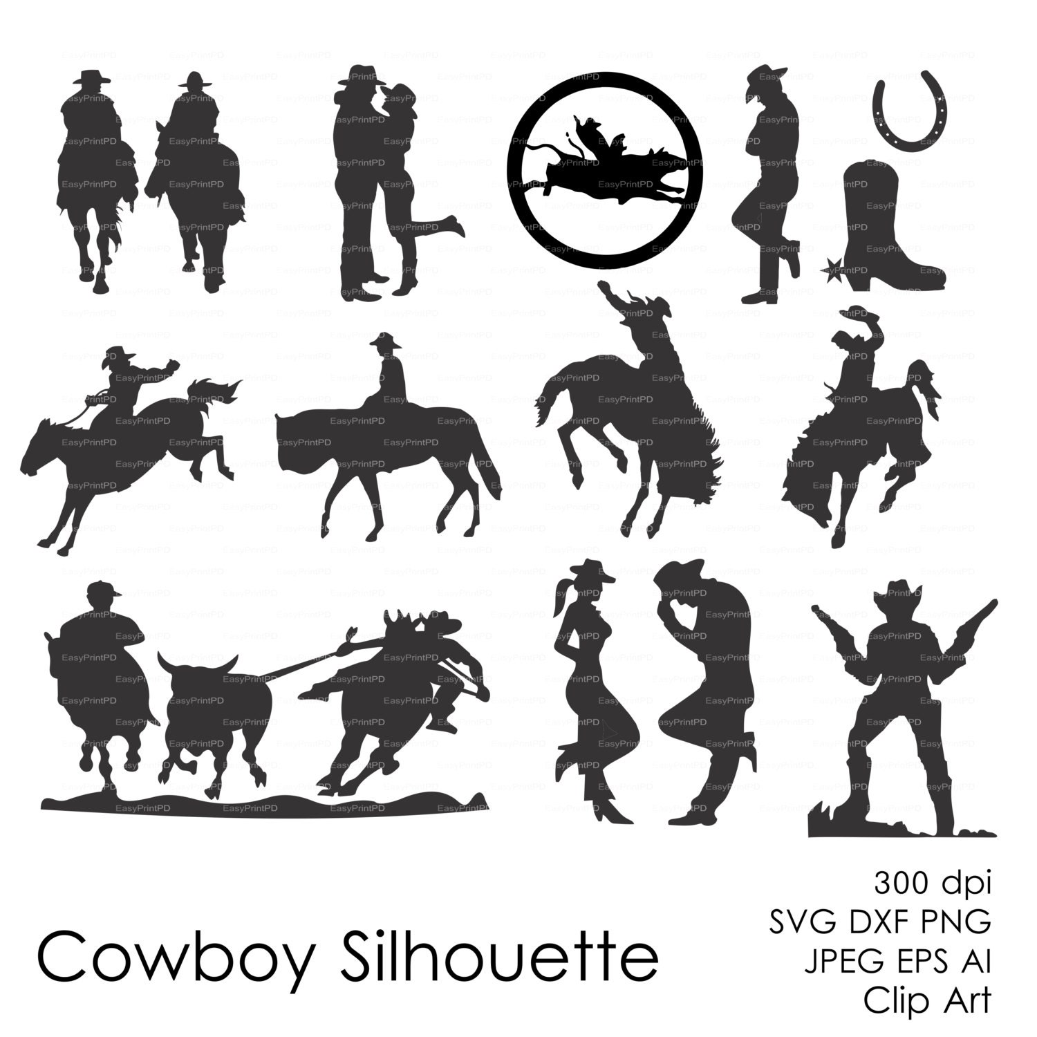 Download Cowboy Western Silhouettes Clipart eps svg dxf ai jpg | Etsy
